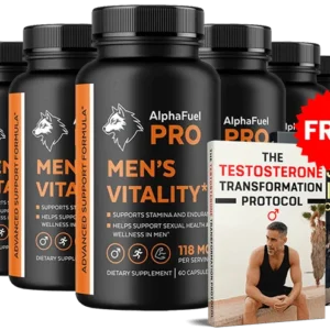Alphafuelpro Men's vitality supplement bottles displayed.