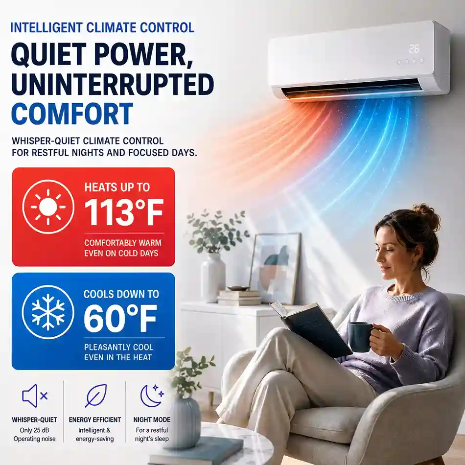 LifeGauge Breeze Features & Benefits lifegauge breeze features — 7 modes cooling heating whisper quiet night mode eco saving casters remote touchscreen