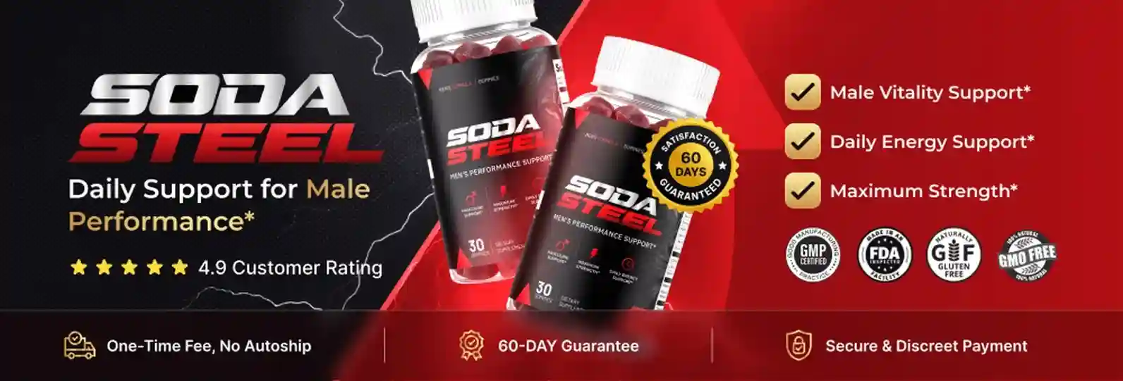 Soda Steel Benefits 2026 Men Performance Gummy Energy Metabolism Circulation Adaptogenic Vitality L-Citrulline Rhodiola Rosea Panax Ginseng Maca Root Vitamin B6 Grape Seed Zinc Free Shipping